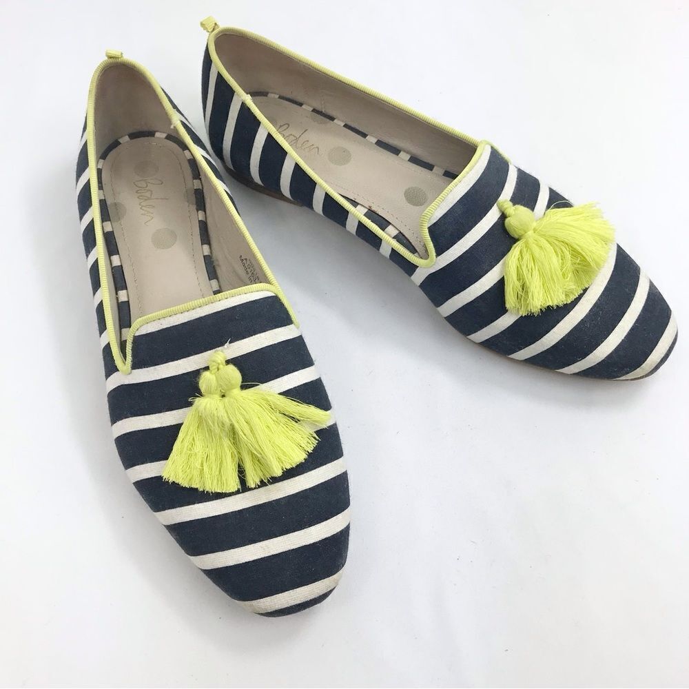 Boden Evelina Navy Blue White Stripe Neon Tassel Slip on Nautical Ballet Flats - Picture 2 of 16